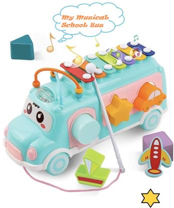 OMETER Xylophone Toy School Bus Toy For kid 3 In 1 Xylo,Shape Sorter & Pull Toy