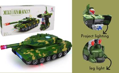 GoBaby Light & Music Automatic Transform Robot Tank Toy with Bump Function (Army Tank)