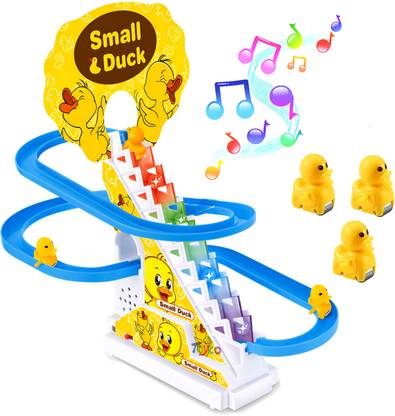 Toyco Small Duck Slide Toy Track Set, Automatic Stair Climbing Race, Lights & Music