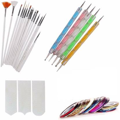 TREXEE Nail Art Kit ,Nail Art Pen Set of 5,15pc Nail Brush Set, 10pc Stripping Roll Tape And A French Manicure Nail Art Tip Sticker