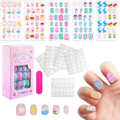 SERPLEX 120Pcs Press on Nails for Kids Cartoon Fake Nails 5 Designs with Nail File