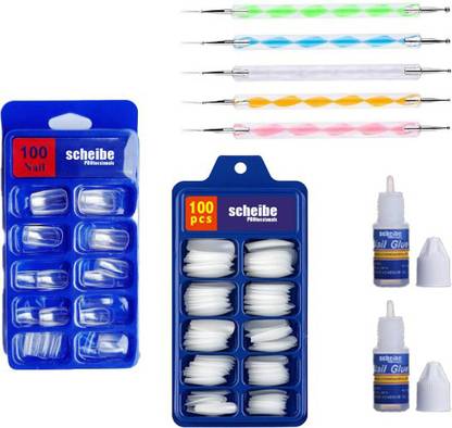Scheibe 100 pc White nails, 100 pc Transparent Nails, 2 pc Nail glue and 5pc Dotting Pen