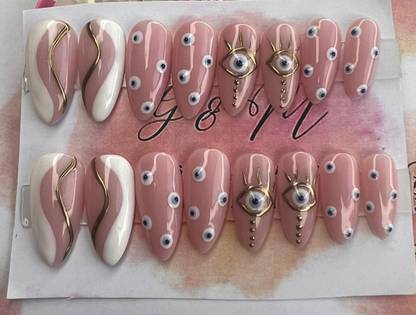 GlossNMatte New Trendy Evil Eye Nail Art With Chrome Press On Nail 16 Pcs Set