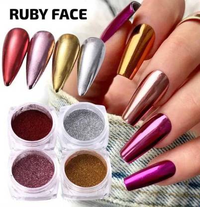RUBY FACE Colors Chrome Nail Powder Set, Gold, Silver,Red,Pink Reflective Glitter Metallic