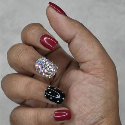 The NailzStation Glossy Maroon White Dots Studded Fake Nails/Artificial Nails (Pack of 12)