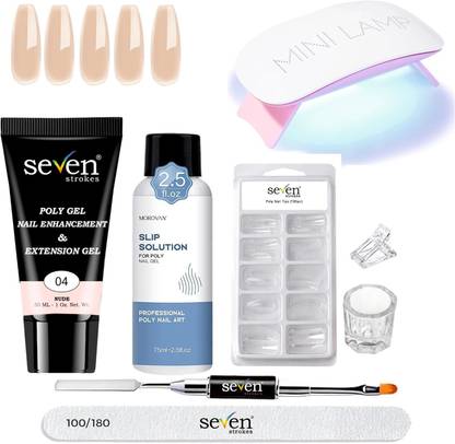 SEVEN STROKES Nail Art Kit with Polygel Tube Mini UV Led Lamp Poly Nail Tips(100)