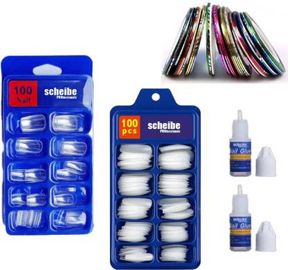 Scheibe 100 pcs White Nails, 100 pcs Transparent Nails, 2 pcs Nail Glue and 4 Nail Tapes Multicolor