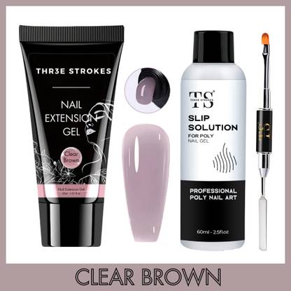 THR3E STROKES PolyGel Kit Clear Brown with Gel Brush & Slip Solution Nail Extension Kit