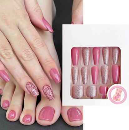 S.A.V.I 48 Pcs Pink & Glitter Coffin Shape Press-On Nails for Hands & Feet | Long Nails