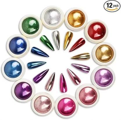 Bluedeal Mirror Chrome Nail Powder Set -12 Colors Metallic Holographic Chrome Nail Powder