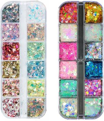 Doabeo 12 Grid Holographic Flakes and 12 Grid Butterfly Nail Art Set