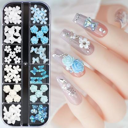 S.A.V.I 12-Grid 3D Resin Nail Art Box - White Blue Butterfly Flower Manicure D