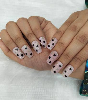NailsByNisha Press On Nails Set, Pink Base with Black Hearts Pattern, Glitter