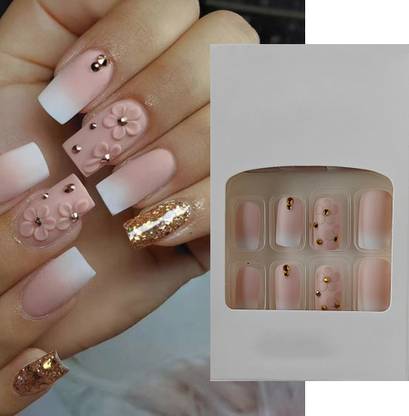 S.A.V.I 24 PCs Reusable Long Square Shape 3D Flower Press-on Fake Nails DIY Manicure Kit