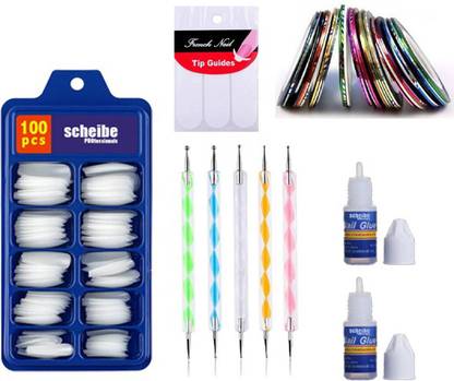 Scheibe 100 pcs White Nails 2 Glue 5 Dotting Pen 1 Nail Tip Guide and 4 Nail Tape Multicolor