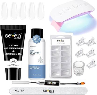SEVEN STROKES Nail Art Kit with Polygel Tube Mini UV Led Lamp Poly Nail Tips(100)
