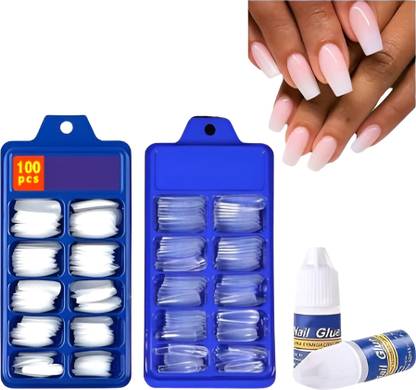 WAHIRA Artificial Nails Set Of 100 Pcs White and 100 pcs Transparent With Nail Glue