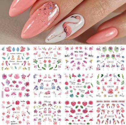 S.A.V.I 12 Sheets Nail Art Water Decals Stickers - Floral & Flamingo Designs, Easy DIY