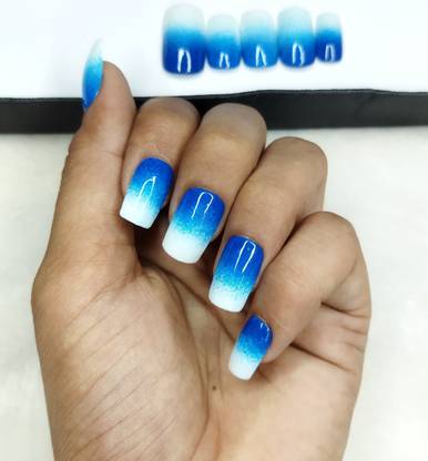 The NailzStation Glossy Blue & White Ombre Print Fake Nails/In Medium Square (Pack of 20)