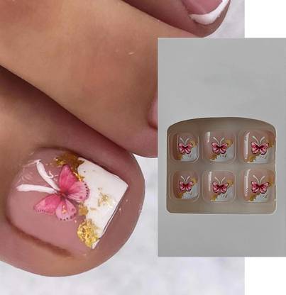 S.A.V.I 24 PCs Short Natural Shape French Manicure Butterfly Print - Press-On Toe Nails