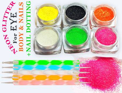 vizo Neon glitter powder (Green, Pink, Yellow, White, Black, Orange) + nail dotting