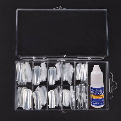 JAMBOREE Professional 100 Pcs Transparent Artificial Nails Set with Glue - Salon Quality
