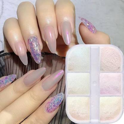 KIRA Chrome Nail Powder,6 Grids Aurora Powder for Nails Shell Powder Mirror Effect