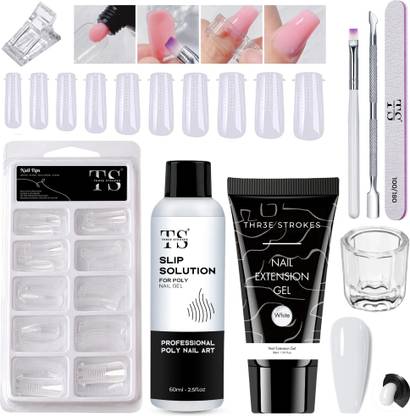 THR3E STROKES Nail Extension Kit White with Gel Brush & Slip Solution Nail Art Kit