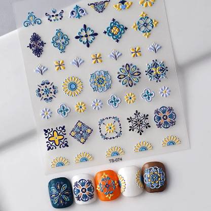Aiyi 5D Blue Golden Flower design nail stickers self Adhesive art
