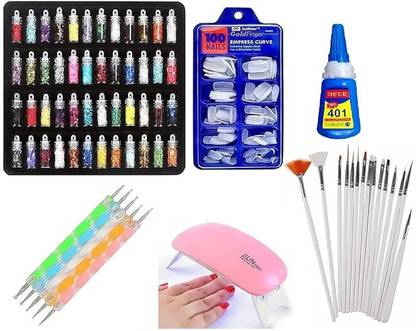 TREXEE 48 Glass Glitter Stone 100 Nails, UV Lamp,15 Brush, Dot Pen,Tipping Guide & Glue