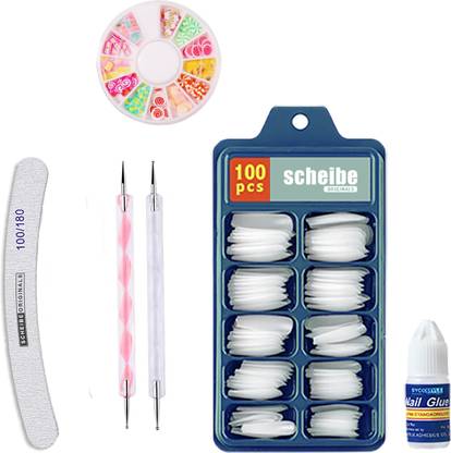 Scheibe 100 White Nails,1 Glue, 2 Dotting Pen, 1 Art Wheel and Nail Buffer