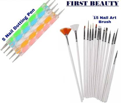 FIRST BEAUTY 5 pcs Professional Nail dotting pen & 15 pcs Nail Brush | Nail Art Accessories