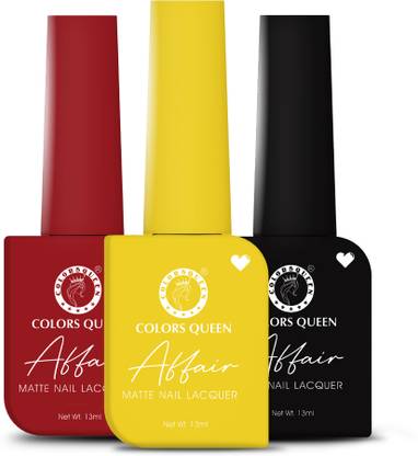 COLORS QUEEN Affair Matte Nail Polish Set of 3, Quick Drying, Long Lasting Nail Paint Kit Sun Shine, Mexican Red, Black