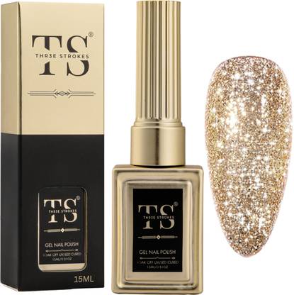 THR3E STROKES Gel Nail Polish UV | Long Lasting, High Gloss, Hema-Free for Nail Art | 74 - Glitter Gold (UV Lamp Needed)