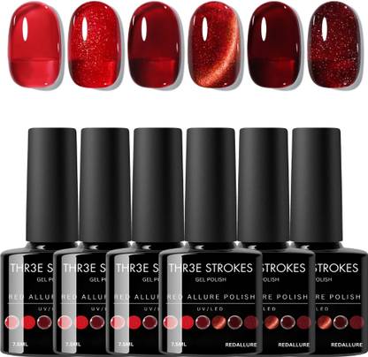 THR3E STROKES UV Gel Nail Polish Set – Glossy, Glitter & Deep Red Cat Eye Gel Polish Set 7.5ml Red Allure