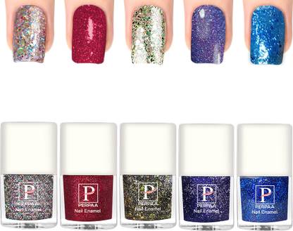 Perpaa Glitter Nail Polish UV LED, Long Lasting Stay 5 ml Each,Combo 1 Silver,Red,Green,Royal Blue,Turquoise