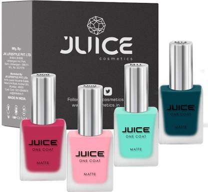 Juice ONE COAT NAIL PAINT COMBO LONG LASTING 11ML EACH PACK OF 4 CARDINAL RED - M08, LEMONADE - M09, MIAMI GREEN - M11, DARKCYAN GREE - M14
