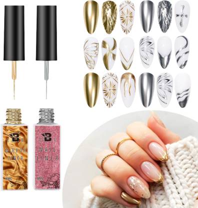 BOZLIN Metallic Liner Gel Nail Art 3D Mirror Gel Paint Build in Thin Brush Metal Paint (Gold, Silver)