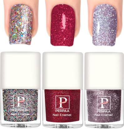 Perpaa Glitter Light Reflective Nail Polish Sparkly Gel Enamel ,C 4(5ml each) Silver,Red,Lavender