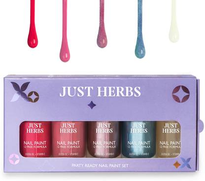 Just Herbs Party Ready Nail Paint Set of 5 - Blush Pink, Gleaming Orchid, Peony Paradise, Matte In Love, Enchanted Sapphire