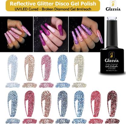 Gleevia Broken Diamond UV Gel Polish 12pc Combo Disco Reflective Glitter Gel 8ml/each Multicolor