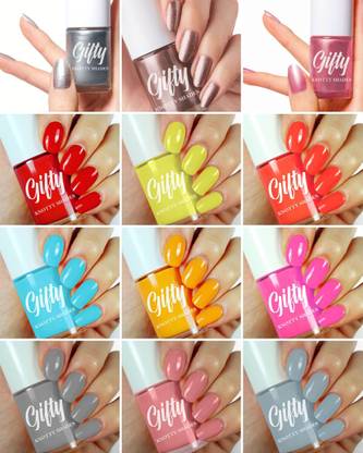 GIFTY Elegant Nail Polish Set of 12 Pcs Gold, Silver, Parrot, Blood Red, Grey Pink