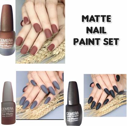 Cemera Ice Matte Toxic Free Nail Polish Combo of 3 Black, Brown, Grey