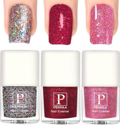 Perpaa Glitter Light Reflective Nail Polish Sparkly Gel Enamel ,C 7(5ml each) Silver,Red,Baby Pink