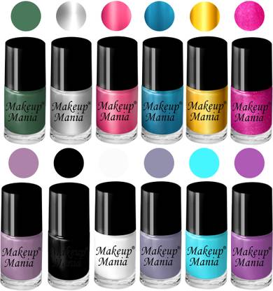 makeupmania Elegant Nail Polish Set of 12 Pcs (Set # 158) Black, White, Blue