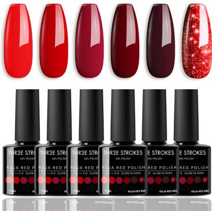 THR3E STROKES UV Gel Nail Polish Set Vibrant Shades of Red and Maroon Gel Polish Kit 7.5ml Roja Red 888