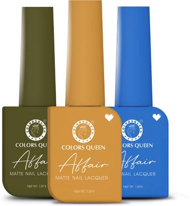 COLORS QUEEN Affair Matte Nail Polish Set of 3, Quick Drying, Long Lasting Nail Paint Kit Cameogreen, Golden Goddess, Coco Blue