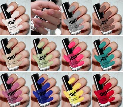 Volo Color Rich Toxic Free Perfection Shine Nail Polish Set of 12 Combo-No-63 Matte White, Mischievous Mint, Red, Extra Shine Top Coat, Dark Nude, Nude, Peach Pink, Grey, Passion Pink, Radium Green, Yellow, Royal Blue