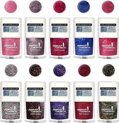 Ramp Walk High Gloss Glitter Nail Polish Quick Dry & Long Lasting 5 ml each Silver,Deep Red Green,Blue,Royal Blue,Muave,Copper,Red,Light Pink,Pink