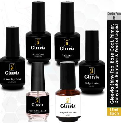 Gleevia Combo of Primer, Top & Base Coat, Dehydrator, Peel Of & Magic Remover 15ml/each Transparent